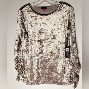 Vince Camato Silver Velour Velvet Ruched long Sleeve Top Stretchy  Sz M nwt